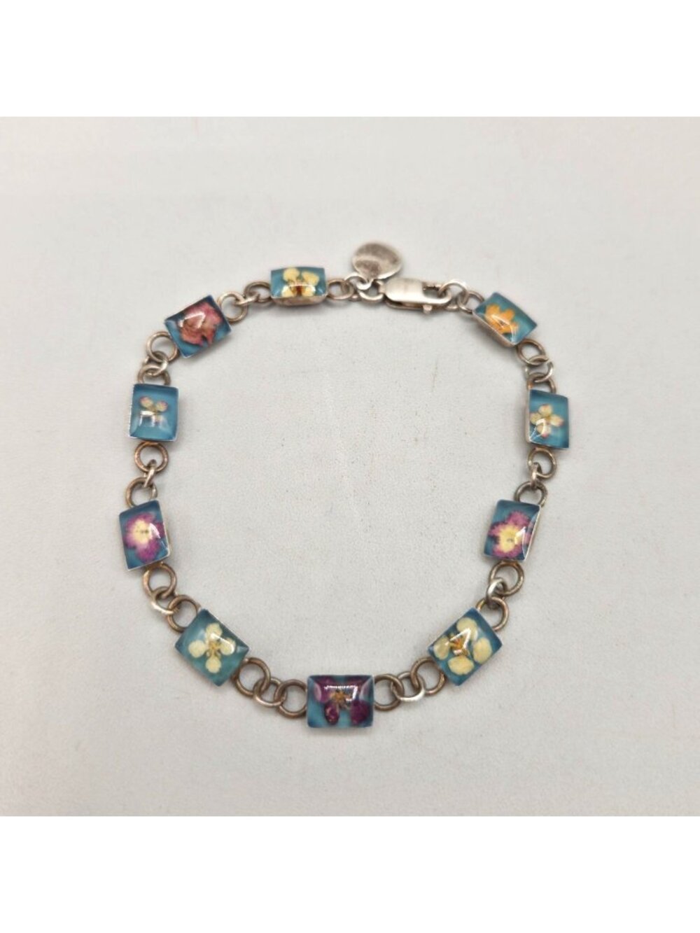 Vintage MWS 925 Sterling Silver Dried Flower Link Bracelet Blue Resin Mexico